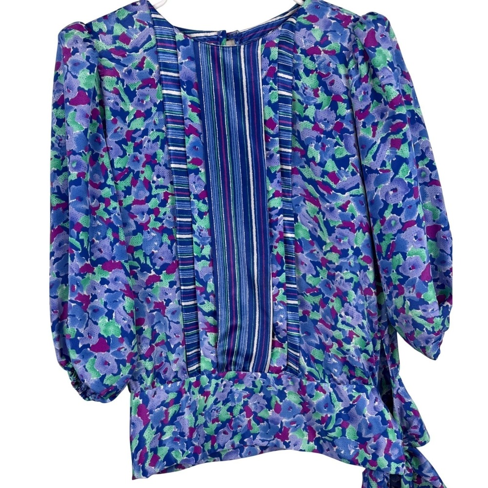 Susan Freis Floral Blouse MED‎ Blue Padded Puff Sleeve Side Tie USA Vintage 80s
